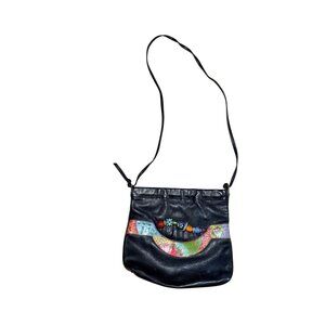 Ilze Heider Women's Sling Bag Purse Black Leather Beaded Hand Painted Calfskin